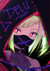 Rule 34 | 1girl, black choker, black hoodie, blush, character name, choker, collarbone, commentary request, covered collarbone, delruki, delutaya, green hair, highres, hood, hood up, hoodie, indie virtual youtuber, looking at viewer, mask, mouth mask, rara086, red eyes, sidelocks, solo, symbol-shaped pupils, triangle-shaped pupils, virtual youtuber