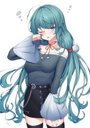 Rule 34 | 1girl, ahoge, aqua hair, bad id, bad pixiv id, bare shoulders, black skirt, black thighhighs, blue eyes, breasts, chain, commentary, goowonjoon, hair ornament, highres, long hair, looking at viewer, medium breasts, nail polish, one eye closed, original, red nails, shirt, simple background, skirt, sleepy, sleeves past wrists, solo, thighhighs, twintails, very long hair, white background