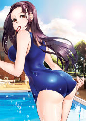 Rule 34 | ass, bare legs, bare shoulders, blue one-piece swimsuit, blue sky, breasts, brown eyes, brown hair, chair, clothes pull, cloud, cloudy sky, cowboy shot, cyphers, day, ear piercing, earrings, fence, from behind, hair ornament, hair tie, hand up, highres, house, jewelry, large breasts, legs together, lens flare, lia oh, long hair, looking at viewer, looking back, lounge chair, mouth hold, one-piece swimsuit, one-piece swimsuit pull, outdoors, piercing, pool, poolside, pulling own clothes, skin tight, sky, solo, sun, sunlight, swimsuit, tree, water, water drop, wet, wet clothes, wet swimsuit