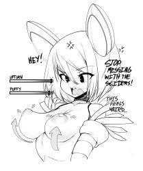 Rule 34 | 1girl, absurdres, anger vein, arched back, arrow (symbol), bare shoulders, black eyes, breasts, choker, collarbone, commentary, cropped torso, elbow gloves, english commentary, english text, gameplay mechanics, gloves, greyscale, highres, looking down, mechanical ears, medium breasts, monochrome, nipples, open mouth, original, perky breasts, puffy areolae, puffy nipples, simple background, slider, slugbox, solo, transformation, upper body, upturned nipples, vomi agogo (slugbox), white background