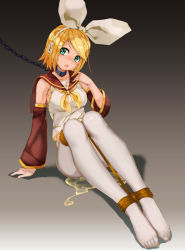 Rule 34 | 1girl, aqua eyes, arm support, bdsm, blonde hair, blush, bondage, bound, bound ankles, bound legs, breasts, chain, collar, collarbone, detached sleeves, female focus, full body, gradient background, grey background, haimei1980, hair ornament, hairclip, hand up, head tilt, headphones, highres, kagamine rin, knees up, legs together, looking to the side, medium breasts, nose blush, open mouth, pantyhose, peeing, peeing self, puddle, red sailor collar, sailor collar, shirt, short hair, simple background, sitting, sleeveless, sleeveless shirt, solo, swept bangs, treble clef, vocaloid, wet, wet clothes, white pantyhose, white shirt