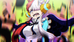Rule 34 | 1girl, breasts, crying, crying with eyes open, hair over one eye, large breasts, multicolored hair, musical note, one piece, one piece film: red, open mouth, purple eyes, red hair, rom (20), solo, tears, two-tone hair, upper body, uta (one piece), white hair