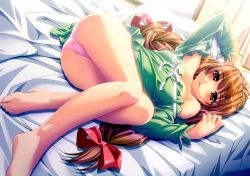 Rule 34 | 1girl, ass, barefoot, bed, brown hair, dutch angle, feet, female focus, indoors, ino (magloid), ishikura yumi, legs, long hair, midori aoi, nise kyouso, nomad, open mouth, panties, pink panties, purple eyes, pussy juice, ribbon, solo, sweat, underwear