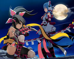 Rule 34 | 2girls, aqua eyes, aqua hair, bandaged leg, bandages, bare shoulders, black hair, bow (weapon), breasts, cloud, cosmic break, hair ornament, holding, holding bow (weapon), holding weapon, kougetsu kagura, kunai, large breasts, looking at viewer, moon, multiple girls, night, night sky, ninja, nontraditional miko, official art, ponytail, rooftop, sash, sky, standing, talisman, thighs, third-party source, tsukikage momiji, wakaba sprout, weapon, yin yang