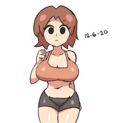 Rule 34 | 1girl, :|, alternate costume, arm behind back, armpit crease, bike shorts, black eyes, blush stickers, breasts, brown hair, cleavage, closed mouth, collarbone, commentary, curvy, dated, english commentary, grey shorts, groin, hand up, kuruma94, large breasts, looking at viewer, midriff, mii gunner, mii gunner (smash 4), navel, nintendo, notnoe (dxcl), orange shirt, orange sports bra, shirt, short hair, shorts, simple background, sketch, solo, sports bra, super smash bros., thick thighs, thighs, white background