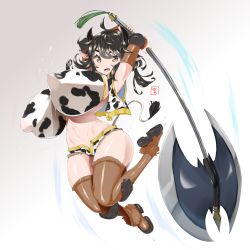 Rule 34 | 1girl, animal ears, animal print, armpits, arms up, axe, bea (bropmlk), black hair, breasts, brown legwear, cow ears, cow girl, cow print, cow tail, highres, holding, holding weapon, huge breasts, long hair, original, solo, tail, weapon, yellow eyes