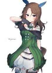 Rule 34 | 1girl, animal ears, bare shoulders, black gloves, bow, brown eyes, brown hair, collared dress, cowboy shot, dirty, dirty face, dress, ear covers, gloves, green dress, hair bow, hand up, highres, horse ears, horse girl, horse tail, king halo (umamusume), long hair, off-shoulder dress, off shoulder, ryannari, short sleeves, solo, tail, tears, twitter username, umamusume, wiping tears