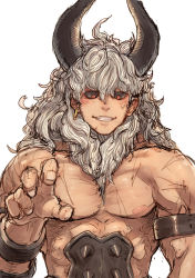 Rule 34 | 1boy, asterios (fate), black sclera, claw pose, colored sclera, cuffs, fate/grand order, fate (series), handcuffs, highres, horns, long hair, male focus, muscular, muscular male, p!k@ru, red eyes, smile, solo, topless male, unfinished, upper body, white hair