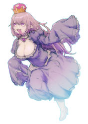 Rule 34 | 1girl, blush, breasts, brooch, cleavage, collar, commentary request, dress, earrings, eyelashes, female focus, feral lemma, frilled collar, frilled dress, frilled sleeves, frills, full body, high heels, highres, jewelry, large breasts, long hair, long sleeves, long tongue, luigi&#039;s mansion, mario (series), new super mario bros. u deluxe, nintendo, pink hair, pointy ears, princess king boo, puffy sleeves, purple dress, purple eyes, sharp teeth, simple background, solo, super crown, teeth, tongue, tongue out, very long hair, white background, wide sleeves