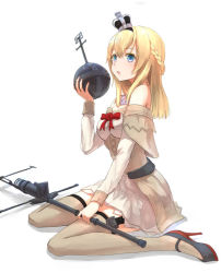 Rule 34 | 10s, 1girl, black footwear, blonde hair, blue eyes, braid, crown, dress, french braid, garter straps, hair between eyes, ifpark (ifpark.com), jewelry, kantai collection, long hair, long sleeves, mary janes, mini crown, necklace, off-shoulder dress, off shoulder, open mouth, shadow, shoes, simple background, sitting, solo, thighhighs, wariza, warspite (kancolle), white background, white dress, white thighhighs