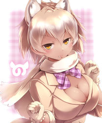 Rule 34 | 10s, 1girl, absurdres, alternate color, alternate hair color, alternate skin color, animal ears, bow, bowtie, breasts, cleavage, commentary request, dark-skinned female, dark skin, extra ears, fang, fang out, highres, japari symbol, kanzakietc, kemono friends, large breasts, looking at viewer, orange eyes, plaid, plaid bow, plaid bowtie, plaid neckwear, scarf, smile, solo, tundra wolf (kemono friends), upper body, v-shaped eyebrows, wolf ears