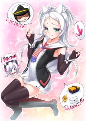 Rule 34 | 1boy, 2girls, absurdres, american flag, american flag print, animal ear fluff, animal ears, azur lane, basket, black bow, black gloves, black hair, black jacket, black legwear, blue eyes, blush, boots, bow, cat ears, cat hair ornament, character name, closed mouth, collarbone, commander (azur lane), commentary request, dress, elbow gloves, english text, envelope, fang, fingerless gloves, flag print, gloves, green eyes, grey footwear, hair bow, hair ornament, hair ribbon, hammann (azur lane), hands up, hat, heart, highres, honeycomb (pattern), honeycomb background, jacket, kirisame mia, knee boots, knees together feet apart, letter, long hair, looking at viewer, love letter, military hat, money, multiple girls, open mouth, parted bangs, peaked cap, pink ribbon, print neckwear, ribbon, romaji text, silver hair, sims (azur lane), sleeveless, sleeveless dress, sleeveless jacket, sparkle, spoken heart, thighhighs, thighhighs under boots, two side up, very long hair, white dress, white hat, wrist cuffs