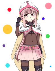Rule 34 | 1girl, black gloves, blush, bodystocking, cloak, closed mouth, gloves, hood, hood up, hooded cloak, looking at viewer, magia record: mahou shoujo madoka magica gaiden, magical girl, mahou shoujo madoka magica, navel, pink eyes, pink hair, skirt, smile, solo, tamaki iroha, white background