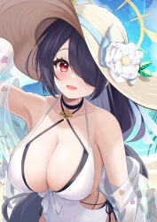Rule 34 | 1girl, :d, absurdres, arm at side, arm up, armpits, bare shoulders, beach, black choker, black hair, blue archive, blush, bow, breasts, choker, cleavage, collarbone, criss-cross halter, day, elegant (sumisumi4268), eyelashes, flower, hair over one eye, halo, halterneck, hand on headwear, hat, hat flower, hat ribbon, highres, hinata (blue archive), hinata (swimsuit) (blue archive), huge breasts, large hat, layered swimsuit, long hair, looking at viewer, one-piece swimsuit, one eye covered, open mouth, outdoors, red eyes, ribbon, see-through, skindentation, smile, solo, spaghetti strap, sun hat, swimsuit, two-tone swimsuit, upper body, very long hair, white bow, white flower, yellow halo