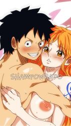 Rule 34 | 1boy, 1girl, black hair, blush, breasts, caught, completely nude, couple, gingerwff, highres, implied sex, long hair, looking at viewer, medium breasts, monkey d. luffy, nami (one piece), nipples, nude, one piece, orange hair, scar, sex, shampowrado, short hair, smile, sweat, tattoo