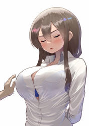 Rule 34 | 1girl, 1other, arms behind back, blue bra, blush, bra, bra visible through clothes, breasts, brown hair, button gap, cleavage, closed eyes, collarbone, collared shirt, hair between eyes, imminent grope, large breasts, long hair, long sleeves, maku ro, open mouth, original, school uniform, see-through, shirt, sidelocks, simple background, solo focus, underwear, upper body, wet, wet clothes, wet shirt, white background, white shirt