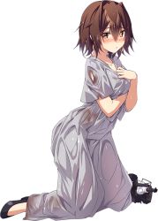 Rule 34 | 1girl, blush, breasts, brown hair, collarbone, covering privates, covering breasts, dirty, dirty clothes, dress, earrings, frown, full body, furutaka (kancolle), grey dress, heterochromia, jewelry, kantai collection, large breasts, official alternate costume, official art, short hair, solo, torn clothes, transparent background, turret, ugume, wet, wet clothes, yellow eyes