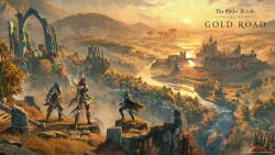 1girl 2boys absurdres armor castle cloak copyright_name elf english_text highres holding holding_sword holding_weapon hood hooded_cloak logo long_hair multiple_boys official_art outdoors pointy_ears ponytail red_hair river ruins sunset sword the_elder_scrolls the_elder_scrolls_online tree weapon