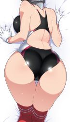 Rule 34 | 10s, 1girl, ass, ass focus, back, backless outfit, bare shoulders, bed sheet, black one-piece swimsuit, breast press, breasts, brown hair, close-up, competition swimsuit, curvy, female focus, from behind, gloves, halcon, head out of frame, huge ass, kantai collection, kneepits, large breasts, lying, mutsu (kancolle), on stomach, one-piece swimsuit, over-kneehighs, plump, red thighhighs, shiny clothes, shiny skin, short hair, solo, swimsuit, thigh gap, thighhighs, thighs, top-down bottom-up, white gloves, wide hips