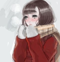 Rule 34 | 1girl, arms up, black hair, blush, breath, brown eyes, brown scarf, checkered clothes, checkered scarf, coat, commentary request, gloves, grey background, hand to own mouth, long sleeves, murata tomohide, original, parted lips, red coat, scarf, solo, white gloves