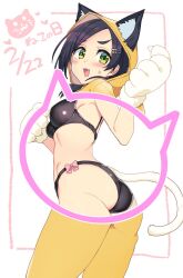 Rule 34 | 1girl, alternate costume, animal ears, animal hands, ass, black bra, black hair, black panties, blush, bra, breasts, cat ears, cat paws, cat tail, cowboy shot, fang, gloves, green eyes, hair ornament, hairclip, highres, kantai collection, kuroshio (kancolle), long sleeves, open mouth, panties, paw gloves, short hair, small breasts, solo, tail, taketora suzume, underwear, wedgie, white gloves