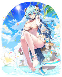 Rule 34 | 1girl, :d, absurdres, ahoge, alternate costume, apple caramel, bare legs, bikini, blue hair, blue sky, blush, breasts, bridal gauntlets, cleavage, cloud, dress, elbow gloves, feet, flower, front-tie top, full body, ganyu (genshin impact), genshin impact, gloves, goat horns, hair between eyes, hair flower, hair ornament, highres, horns, large breasts, lens flare, long hair, looking at viewer, no shoes, open mouth, purple eyes, see-through, see-through legwear, single thighhigh, sky, smile, solo, sun, sunlight, swimsuit, thighhighs, toes, veil, water, wedding dress, white bikini, white dress, white flower, white gloves, white headdress, white thighhighs