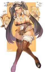 Rule 34 | 3girls, absurdres, areola slip, bikini, black footwear, black hair, blonde hair, blue eyes, blush, breasts, character request, female focus, full body, half-closed eyes, highres, huge breasts, knees together feet apart, korean text, larribee, last origin, maid, maid headdress, micro bikini, multiple girls, naughty face, orange hair, skindentation, standing, swimsuit, thick thighs, thighhighs, thighs, twintails, unconventional maid, wide hips