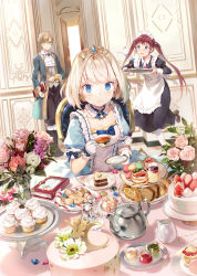 Rule 34 | apron, blonde hair, blue dress, blue eyes, book, boots, bow, bread, brown hair, cake, chair, clumsy, cookie, copyright request, cupcake, diadem, door, dress, flower, food, fruit, gem, gilse, glasses, kettle, long hair, looking at viewer, maid, maid apron, maid headdress, muffin, plate, rose, short hair, strawberry, table, tablecloth, tea, teapot, tiles