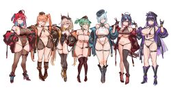Rule 34 | 6+girls, ahoge, ankle boots, bare shoulders, bikini, blush, boots, breasts, cleavage, everyone, eyelashes, full body, high heel boots, high heels, highres, jacket, knee boots, large breasts, looking at viewer, micro bikini, mole, mole under eye, multicolored hair, multiple girls, navel, off shoulder, original, revealing clothes, sidelocks, starcat, strap, swimsuit, thick thighs, thigh boots, thigh strap, thighs, twintails, two-tone hair