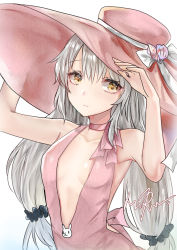 Rule 34 | 1girl, arms up, artist name, breasts, closed mouth, dress, girls&#039; frontline, gradient background, grey hair, hair between eyes, hair ornament, hair scrunchie, halter dress, halterneck, hand on headwear, hat, long hair, looking at viewer, low twintails, mg4 (girls&#039; frontline), mirutu, scrunchie, signature, small breasts, solo, sun hat, twintails, upper body, yellow eyes