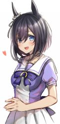Rule 34 | 1girl, :d, animal ears, black hair, blue eyes, blush, bow, eishin flash (umamusume), hair between eyes, heart, highres, horse ears, looking at viewer, mashiro aa, open mouth, own hands together, pleated skirt, puffy short sleeves, puffy sleeves, purple bow, purple shirt, saliva, school uniform, shirt, short sleeves, simple background, skirt, smile, solo, tracen school uniform, umamusume, white background, white skirt