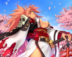 Rule 34 | 1girl, amputee, baiken, breasts, drinking straw, eyepatch, facial tattoo, from below, guilty gear, hand on hilt, highres, japanese clothes, katana, kimono, large breasts, long hair, mouth hold, no bra, obi, ogami, one-eyed, open clothes, open kimono, pink eyes, pink hair, ponytail, sash, scar, scar across eye, scar on face, sheath, sheathed, solo, stalk in mouth, straw (stalk), strut, sword, tattoo, weapon