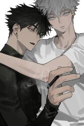 Rule 34 | 2boys, arm around neck, between fingers, black hair, black shirt, black sleeves, blue eyes, cigarette, closed mouth, earrings, eriol s2, expressionless, fingernails, grey hair, highres, holding, holding cigarette, jewelry, long sleeves, looking at viewer, male focus, multiple boys, open mouth, original, shirt, short hair, short sleeves, simple background, sleeves past wrists, smoke, stud earrings, t-shirt, teeth, thick eyebrows, turtleneck, turtleneck shirt, upper body, upper teeth only, white background, white eyes, white shirt, white sleeves, yaoi