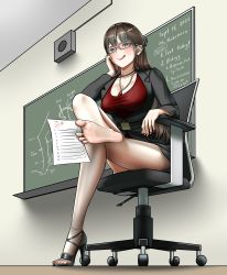 Rule 34 | 1girl, absurdres, anklet, barefoot, breasts, brown eyes, brown hair, chair, chalkboard, classroom, crossed legs, feet, glasses, highres, jewelry, licking lips, long hair, looking at viewer, mole, mole on breast, mole under eye, nail polish, necklace, neso neso, office chair, see-through, see-through legwear, shoes, single shoe, sitting, smile, soles, swivel chair, teacher, toe ring, toenail polish, toenails, toes, tongue, tongue out