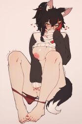 Rule 34 | 1girl, alternate costume, animal ear fluff, animal ears, anus, black-framed eyewear, black hair, blush, braid, breasts, commentary, covering own mouth, english commentary, feet, female masturbation, full body, glass, grey background, hair between eyes, hair ornament, hairclip, heart, highres, hololive, large breasts, long hair, long sleeves, looking at viewer, masturbation, multicolored hair, nail polish, nipples, ookami mio, panties, panty pull, ponytail, pussy juice, red hair, red nails, red panties, side braid, simple background, sitting, sleeves past wrists, solo, streaked hair, sweater, tail, toes, trembling, underwear, varniskarnis, virtual youtuber, wolf ears, wolf girl, wolf tail, yellow eyes