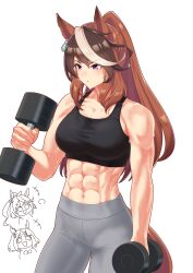 3girls abs absurdres alternate_costume alternate_hairstyle black_sports_bra breasts brown_hair closed_mouth commentary_request cowboy_shot dumbbell earrings exercising grey_leggings hair_between_eyes highres jewelry leggings long_hair medium_breasts multicolored_hair multiple_girls muscular muscular_female navel ponytail purple_eyes senchan_7 simple_background single_earring solo_focus sports_bra stomach streaked_hair symboli_rudolf_(umamusume) tokai_teio_(umamusume) tsurumaru_tsuyoshi_(umamusume) umamusume white_background white_hair