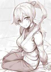 Rule 34 | 1girl, asymmetrical sleeves, blush, breasts, commentary request, detached sleeves, fate/grand order, fate (series), fingerless gloves, gloves, greyscale, hakama, hakama pants, hip vent, japanese clothes, large breasts, long hair, looking at viewer, monochrome, pants, ponytail, single detached sleeve, sitting, slit pupils, solo, tomoe gozen (fate), turtleneck, undershirt, uneven sleeves, yanagi (tsukiakari), yokozuwari