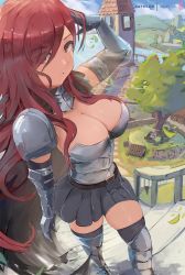 Rule 34 | 2girls, arm up, armor, bench, black skirt, boots, breasts, bridge, brown eyes, cleavage, day, elbow gloves, erza scarlet, eyes visible through hair, fairy tail, gloves, grass, hair over one eye, highres, large breasts, long hair, looking at viewer, lucy heartfilia, mirai hikari, multiple girls, outdoors, patreon username, pleated skirt, red hair, river, shoulder guard, sidelocks, skirt, solo, stairs, thighhighs, thighs, tower, tree, zettai ryouiki