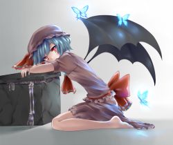 Rule 34 | 1girl, bad id, bad pixiv id, barefoot, bat wings, blue hair, bon, bon (artist), bow, bug, butterfly, feet, female focus, glowing, hat, bug, large bow, profile, red eyes, remilia scarlet, short hair, sitting, skeleton, solo, touhou, wings