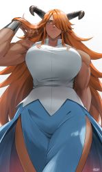 Rule 34 | 1girl, absurdres, blue skirt, bracelet, breasts, commission, curvy, dark-skinned female, dark skin, expressionless, hair over one eye, highres, horns, huge breasts, impossible clothes, impossible shirt, jewelry, long hair, muscular, muscular female, orange eyes, orange hair, original, pixiv commission, shirt, signature, skirt, solo, sunsirou, white shirt