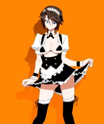 Rule 34 | 1girl, apron, asurin, blue eyes, blush, breasts, brown hair, cleavage, commentary request, final fantasy, final fantasy viii, genderswap, genderswap (mtf), large breasts, maid, maid apron, medium breasts, miniskirt, orange background, scar, short hair, skirt, solo, squall leonhart, swimsuit, thighhighs