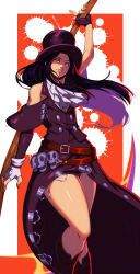 Rule 34 | 1other, androgynous, ascot, asymmetrical gloves, bare shoulders, black gloves, black hair, black hat, fingerless gloves, gloves, guilty gear, guilty gear strive, hat, highres, kitsune23star, long hair, looking at viewer, other focus, parted lips, red eyes, scythe, standing, testament (guilty gear), top hat, white ascot, white gloves