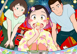 Rule 34 | 2boys, 2girls, aerial fireworks, bird, blue shirt, blue shorts, blush, brown eyes, candy apple, commentary request, family, festival, fireworks, floral print, flower, food, food stand, green eyes, green pants, green shirt, hair flower, hair ornament, headband, highres, japanese clothes, jupachi18, kimono, long sleeves, multiple boys, multiple girls, night, night sky, open mouth, original, outdoors, pants, partially submerged, print kimono, shirt, short hair, short sleeves, shorts, signature, sky, smile, summer, summer festival, twitter username, wide sleeves, yatai, yellow kimono, yukata