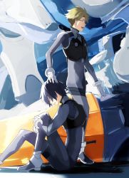 Rule 34 | 10s, 2boys, boots, darling in the franxx, glasses, gloves, gorou (darling in the franxx), hand on another&#039;s head, highres, hiro (darling in the franxx), male focus, multiple boys, pilot suit, sitting, takerusilt, white gloves