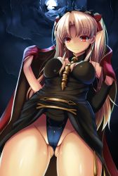 Rule 34 | 1girl, bad id, bad pixiv id, bare shoulders, black dress, blonde hair, bow, breasts, cape, closed mouth, cloud, cloudy sky, detached collar, dress, earrings, ereshkigal (fate), fate/grand order, fate (series), from below, full moon, gradient eyes, hair over breasts, holding, holding cape, holding clothes, jewelry, kanogi, long hair, long sleeves, looking at viewer, medium breasts, moon, multicolored eyes, night, night sky, orange eyes, parted bangs, partially visible vulva, red bow, red cape, red eyes, shiny skin, sky, smile, solo, spine, standing, tiara, tohsaka rin, twintails, underwear, upper body