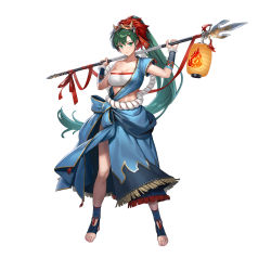 Rule 34 | 1girl, absurdres, bandages, bandeau, blue shirt, blue skirt, breasts, chest sarashi, cleavage, commentary request, cuboon, fire emblem, fire emblem: the blazing blade, fire emblem heroes, full body, green eyes, green hair, hands up, highres, holding, holding polearm, holding weapon, japanese clothes, lantern, large breasts, lips, long hair, looking at viewer, lyn (fire emblem), mask, mask on head, midriff, navel, nintendo, official alternate costume, official art, paper lantern, polearm, ponytail, rope belt, sarashi, shirt, short sleeves, side slit, simple background, single-shoulder shirt, single bare shoulder, single sleeve, skirt, skirt set, smile, solo, spear, standing, stomach, strapless, tube top, very long hair, weapon, white background