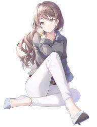 Rule 34 | 1girl, belt, belt buckle, blouse, bracelet, breasts, brown eyes, brown hair, buckle, collared shirt, commentary, curly hair, earrings, full body, grey shirt, hair between eyes, hand in own hair, high heels, jewelry, kagachi saku, long hair, long sleeves, looking at viewer, necklace, no socks, original, pants, parted lips, ring, shirt, signature, simple background, sitting, small breasts, solo, symbol-only commentary, white background, white footwear, white pants