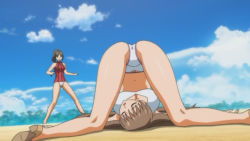 Rule 34 | 2girls, aika (series), aika r-16, ass, beach, bikini, bra, breasts, cleavage, closed eyes, crotch, day, female focus, folded, kneepits, large breasts, legs, lying, multiple girls, nature, on back, on ground, one-piece swimsuit, open mouth, outdoors, panties, pussy, screencap, spread legs, standing, swimsuit, thighs, unconscious, underwear, upside-down, white bikini, white one-piece swimsuit, white panties