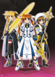 Rule 34 | 2000s (style), 3girls, absurdres, bardiche (nanoha), bardiche (zanber form), black background, black footwear, blonde hair, blue eyes, book, brown hair, copyright name, crosier, emblem, fate testarossa, fate testarossa (impulse form), gradient background, grey footwear, highres, holding, holding book, holding polearm, holding spear, holding staff, holding sword, holding weapon, looking at viewer, lyrical nanoha, magazine scan, magical girl, mahou shoujo lyrical nanoha, mahou shoujo lyrical nanoha strikers, megami magazine, multiple girls, official art, photoshop (medium), polearm, raising heart, raising heart (exceed mode), red eyes, scan, schwertkreuz, spear, staff, sword, takamachi nanoha, takamachi nanoha (exceed mode), tome of the night sky, twintails, weapon, white footwear, yagami hayate