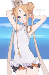 Rule 34 | 1girl, abigail williams (fate), abigail williams (swimsuit foreigner) (fate), abigail williams (swimsuit foreigner) (second ascension) (fate), armpits, arms behind head, arms up, bare shoulders, black bow, blonde hair, blue eyes, blue sky, blush, bow, braid, braided bun, breasts, double bun, dress swimsuit, fate/grand order, fate (series), forehead, hair bun, hat, keyhole, kopaka (karda nui), long hair, looking at viewer, mitre, multiple bows, ocean, one-piece swimsuit, open mouth, orange bow, parted bangs, polka dot, polka dot bow, sidelocks, sky, small breasts, swimsuit, twintails, very long hair, white hat, white one-piece swimsuit